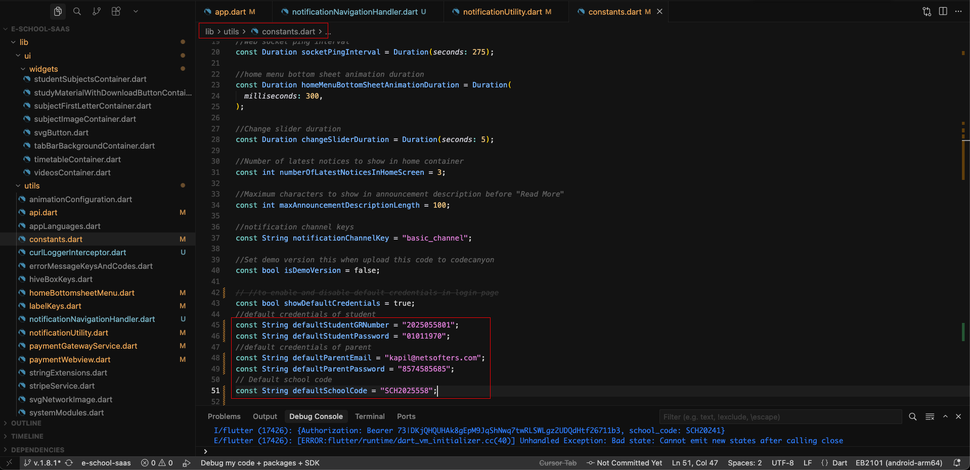 Student App Default Credentials Configuration